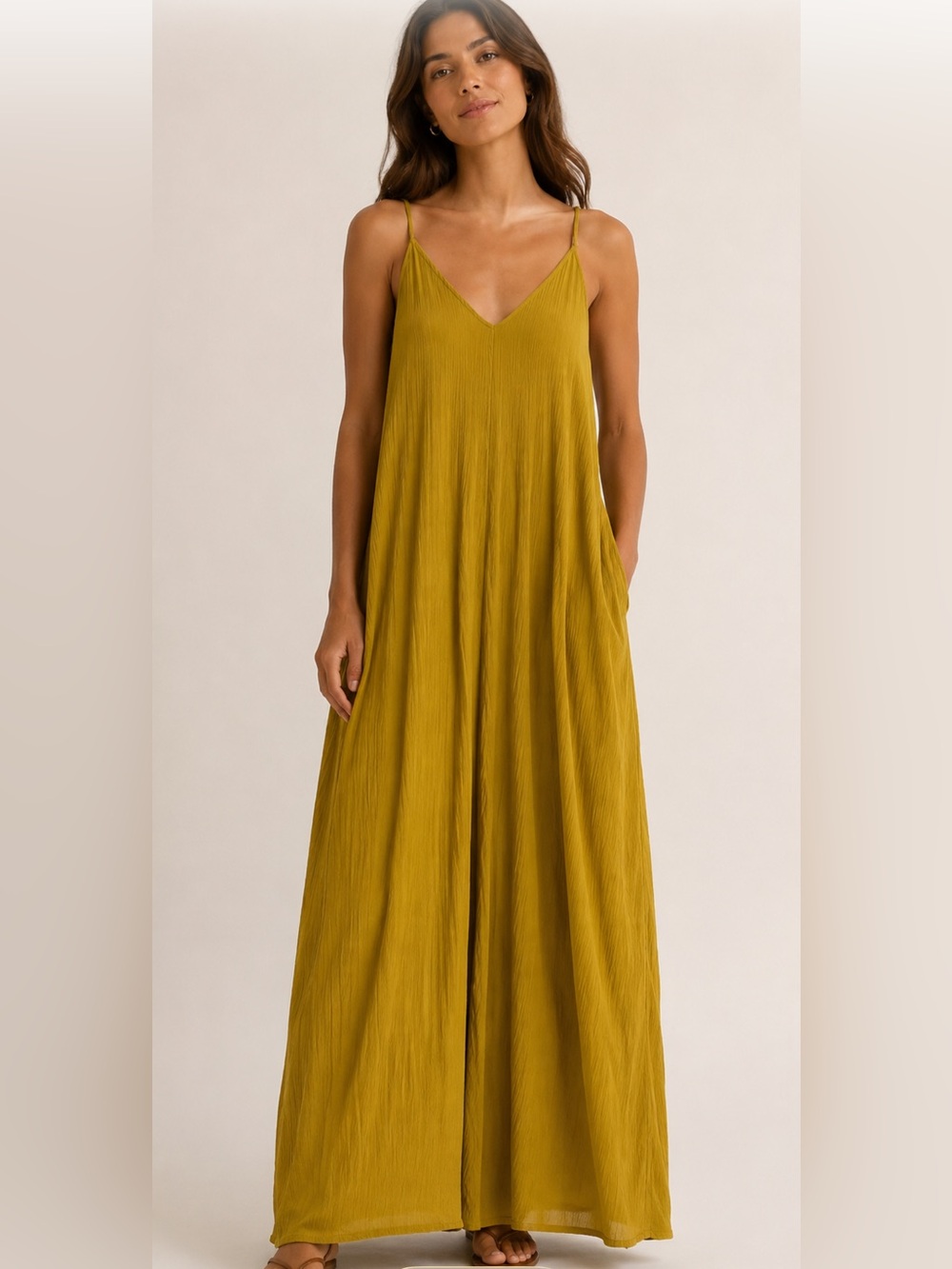 Treasure & Bond Mustard V-Neck Maxi Dress with Spaghetti Adjustable Straps Sz S